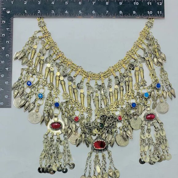 Vintage Afghan Oversized Necklace Embellished with Fish Motifs, Bib Necklace - Picture 6 of 7